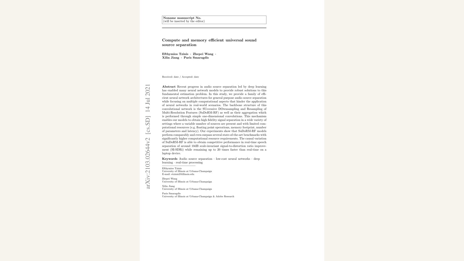 Representative figure for Compute and Memory Efficient Universal Sound Source Separation